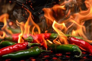 Red Chili Peppers on Fire with Fiery Sparks and Smoke