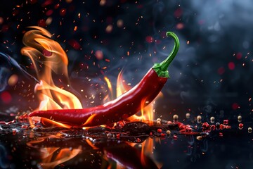 Red Chili Peppers on Fire with Fiery Sparks and Smoke