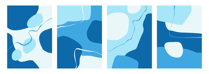 Set of Winter theme abstract backgrounds with various hand drawn blue colored shapes and curved lines for seasonal creative graphic design. Vector illustration.
