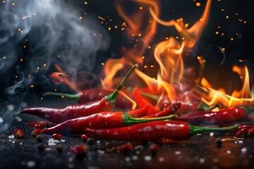 Red Chili Peppers on Fire with Fiery Sparks and Smoke