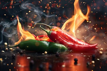Red Chili Peppers on Fire with Fiery Sparks and Smoke