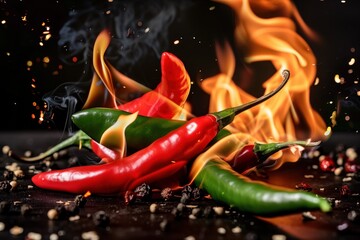 Red Chili Peppers on Fire with Fiery Sparks and Smoke
