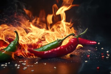 Red Chili Peppers on Fire with Fiery Sparks and Smoke