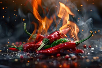 Red Chili Peppers on Fire with Fiery Sparks and Smoke