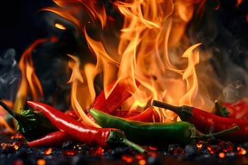 Red Chili Peppers on Fire with Fiery Sparks and Smoke
