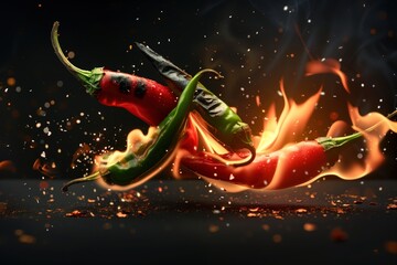 Red Chili Peppers on Fire with Fiery Sparks and Smoke