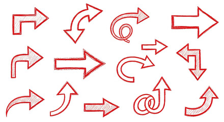 Dynamic collection of hand drawn red arrows pointing in various directions guiding your next project forward with creative flair