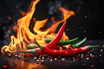 Red Chili Peppers on Fire with Fiery Sparks and Smoke