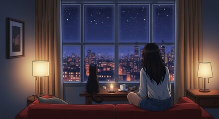 Young woman sitting on sofa with cat, looking out at city skyline at night  