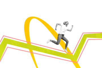 Composite trend artwork  sketch image photo collage of miniature young woman work run fast way road direction line emoji face smile