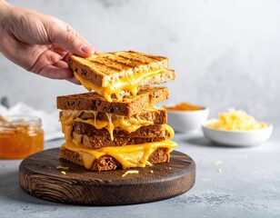 Hand holding a melted cheese grilled sandwich, stacked high on a wooden board