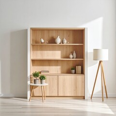 Light-filled room with a light wooden bookcase