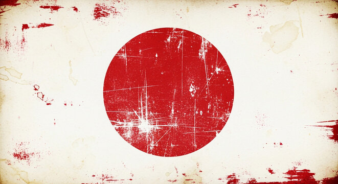 Vintage distressed Japanese flag with subtle scratches and stains evokes nostalgia and cultural pride for travel or historical projects.