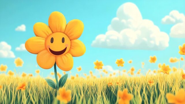 cute smiling flower on green spring meadow illustrated animation