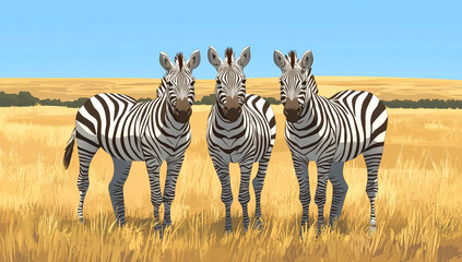 Obraz premium Three zebras standing in a field of dry grass in cartoon style