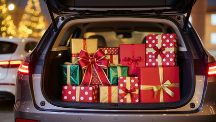A car trunk packed with colorful, beautifully wrapped Christmas gifts glows under festive holiday lights, capturing the spirit of giving and celebration.