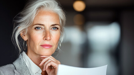 Senior Businesswoman with Freckles and White Hair Gazing Thoughtfully