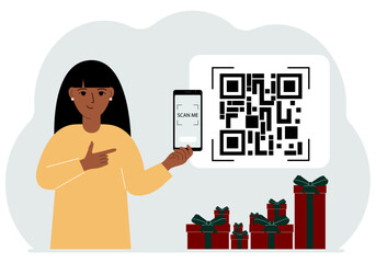 A woman holds a mobile phone in his hand with the text scan me and scans the qr code, which is located nearby. Vector flat illustration