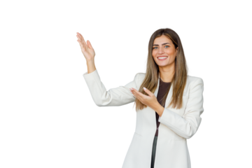 Woman in a white blazer smiling, presenting, and gesturing, holding hands up. Transparent background