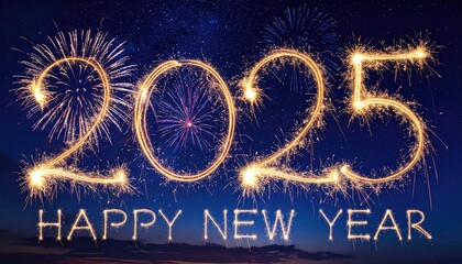 Sparkling fireworks display spelling out 2025 with Happy New Year below