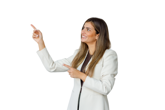 Smiling businesswoman pointing and gesturing, presenting new ideas and information with a transparent background - Powered by Adobe
