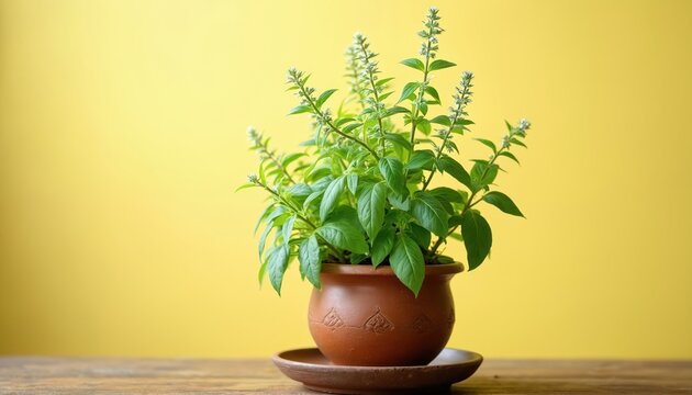 Holy basil herb in brown pot on wooden table against yellow background. Ayurvedic tulsi plant is aromatic and medicative. It is used in cooking and for natural medicine therapies and treatments.