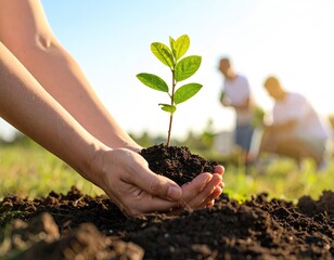 Hands holding a young sapling, planting a tree.  Blurred figures in the background.  Sunny day