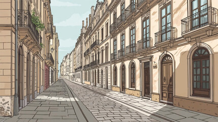Fototapeta premium Historic European street with cobblestone roads, vintage facades, balconies, soft pastel color, hand-drawn vector style copy. Ai Generate