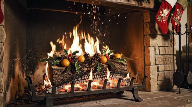Cozy Yule Log Burning in Fireplace - A yule log decorated with oranges, pinecones, and holly is burning in a fireplace, creating a warm and festive ambient light.