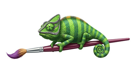 Naklejka premium Vibrant chameleon perched on a paintbrush, symbolizing creativity, transformation, and artistic expression with a touch of nature's magic