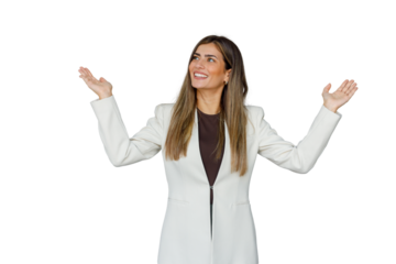 Confident businesswoman smiling, presenting up or showing product, welcoming gesture, transparent background