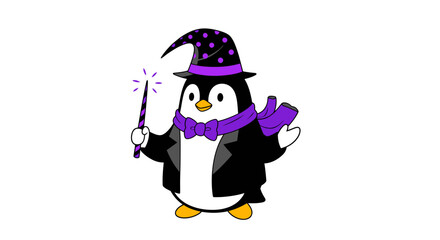 Whimsical penguin wizard conjures magic with a sparkling wand and festive hat, perfect for enchanting holiday designs.