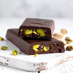 Two pieces of dark chocolate pistachio bars, sliced open to reveal the filling