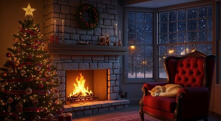 Cozy living room with Christmas tree and fireplace in winter  