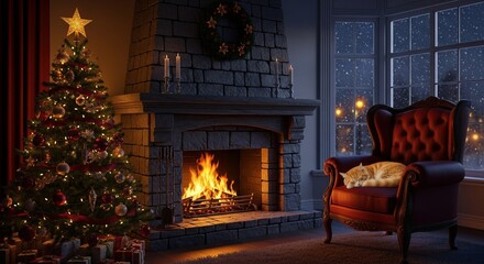 Cozy Christmas living room with decorated tree and fireplace  