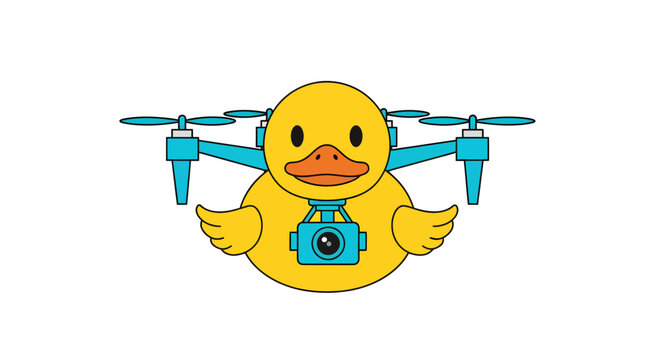 Whimsical cartoon duck piloting a camera drone, perfect for kids' content or lighthearted tech blogs about innovation and fun, a unique and playful concept