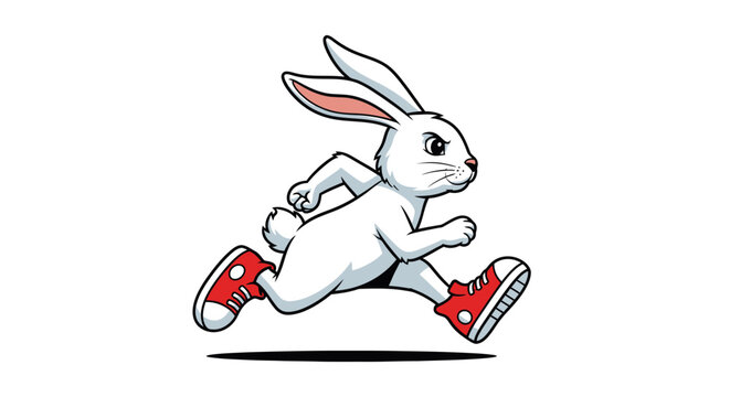 Energetic running bunny with red sneakers, perfect for athletic brand advertisements and motivational content, get this dynamic cartoon rabbit design!