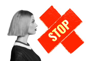 Composite trend artwork 3D sketch image photo collage of cross paper sign young lady portrait face bully harassment victim discrimination