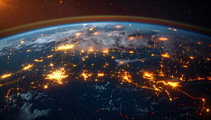 Earth at Night: A stunning view of Earth from space at night, showcasing the vibrant glow of city lights against the dark backdrop of space, offering a unique perspective on our planet.