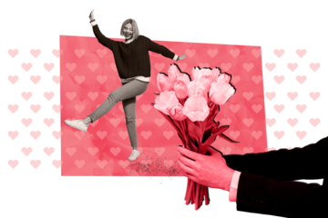 Composite photo collage of happy girl dance valentine day heart hands hold tulips present spring holiday isolated on painted background