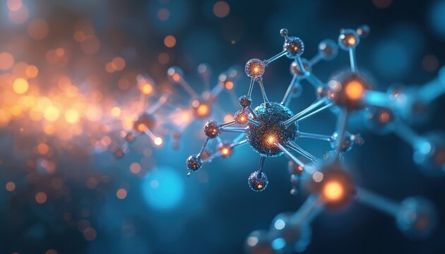 Illustration presents molecular structures with glowing elements. Conceptual artwork shows abstract atoms, bonds in futuristic digital space. Science, innovation combined. Digital design shows - Powered by Adobe