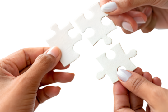 Hands connecting puzzle pieces, teamwork concept, business solution