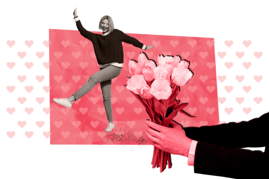 Composite photo collage of happy girl dance valentine day heart hands hold tulips present spring holiday isolated on painted background