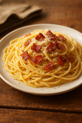 Classic Spaghetti Carbonara with Pancetta and Parmesan on Plate