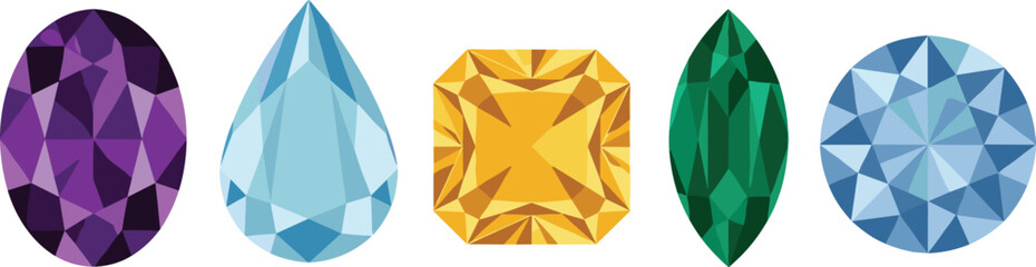Gemstone collection, colorful crystal cuts, jewelry design elements, faceted stones, precious gems, vibrant shapes, luxury sparkle, elegant texture, polished beauty