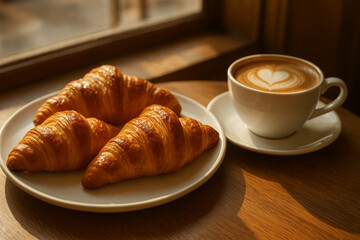 Fresh Croissants and Latte Coffee in Morning Sunlight on Wooden Table