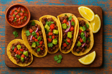 Street-Style Mexican Beef Tacos with Avocado, Salsa, and Lemon Slices on Wooden Board