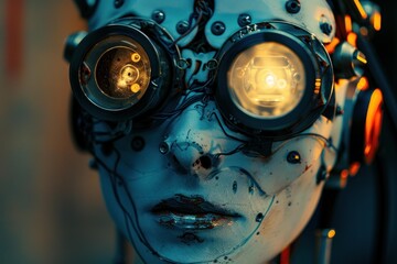 Fototapeta premium Close up of a futuristic robot face, highlighting glowing lenses and intricate wiring, conveying advanced technology and artificial intelligence
