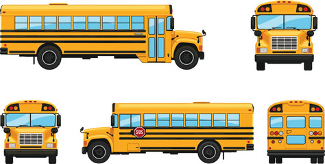 School bus illustration, cartoon vehicle views, transportation icon set, yellow bus graphics, front side rear angles, educational transport design