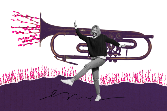 Composite artwork 3D photo collage trend of plant botanical flower spring season young woman walk outdoors classic music instrument tube